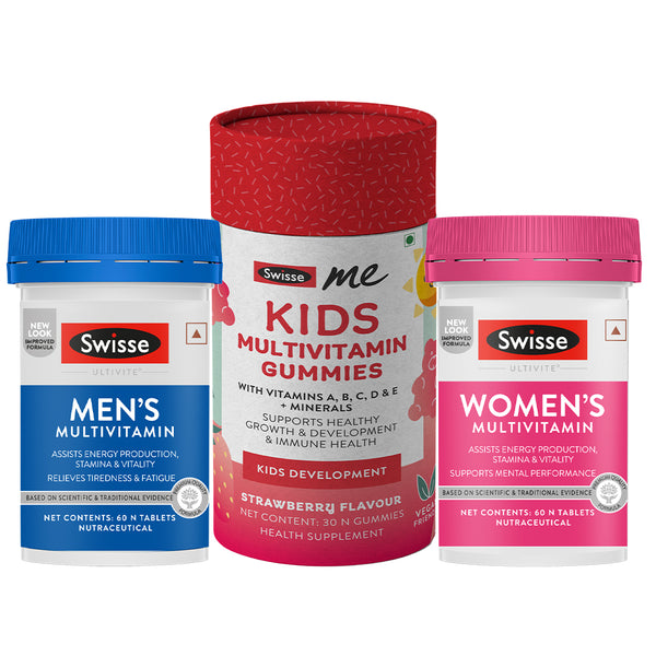 Swisse Multivitamin For Men (30 Tablets) & SwisseMe Kids Multivitamin Gummies(Best Before - July, 2024)  & Swisse Multivitamin for Women_30 Tablets Combo
