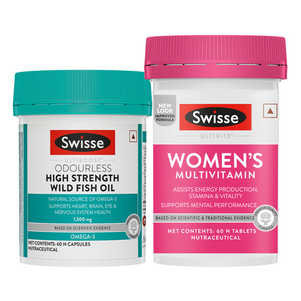 Swisse Fish Oil Omega 3 - 1500mg (60 Capsules) & Multivitamin for Women (60 Tablets) Combo