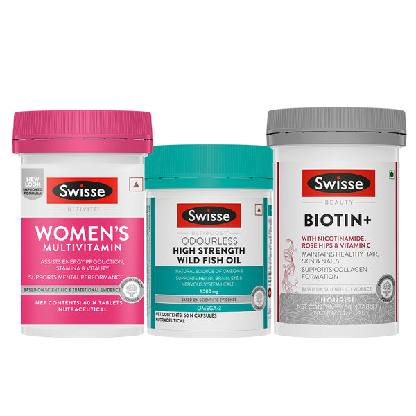 Swisse Fish Oil Omega 3 - 1500mg (60 Capsules) & Multivitamin for Women (60 Tablets) & Swisse Biotin+ Biotin Tablets_60 Tablets Combo