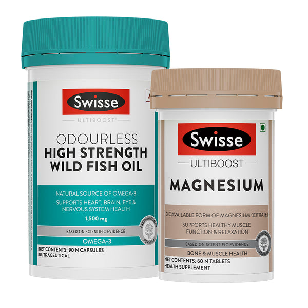 Swisse Fish Oil Omega 3 - 1500mg (90 Capsules) & Magnesium (60 Tablets) Combo
