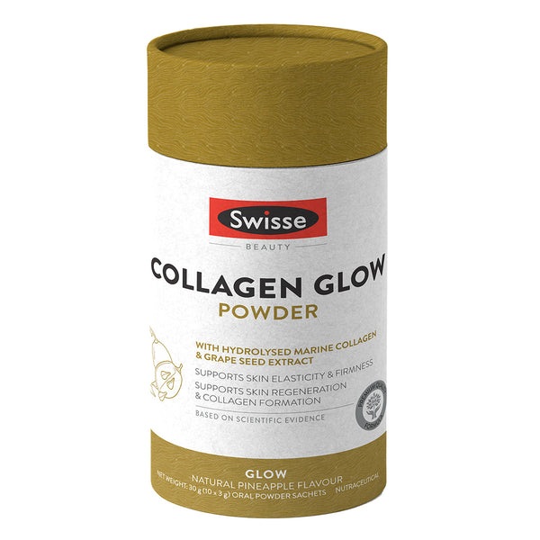 Swisse Collagen Glow Sachet - Hydrolysed Marine Collagen Powder (Type I and III) with Grape Seed for Enhanced Skin Elasticity and Firmness, Australia’s No.1 Beauty Nutrition Brand - 10 Servings