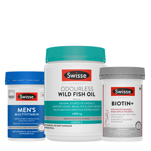 Swisse Fish Oil Omega 3 - 1000mg (150 Capsules) & Multivitamin For Men (60 Tablets) & Swisse Biotin+ Biotin Tablets_60 Tablets Combo