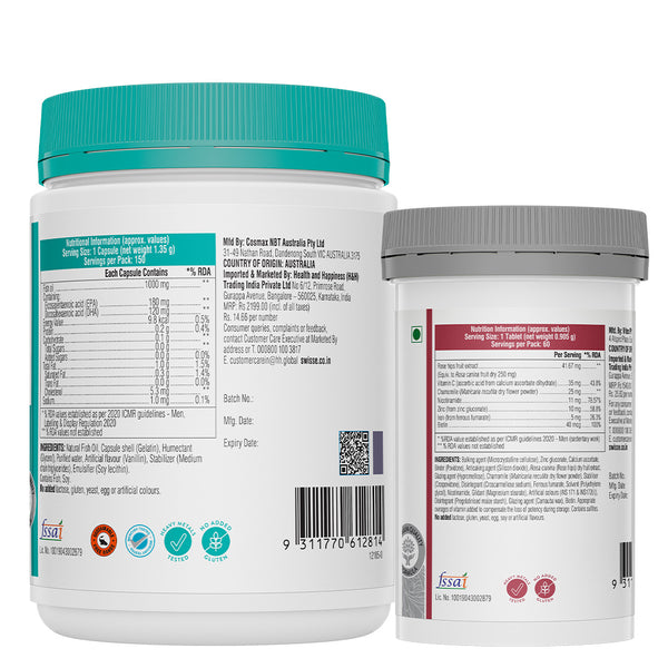 Swisse Fish Oil Omega 3 - 1000mg (150 Capsules) & Biotin+ Tablets (60 Tablets) Combo