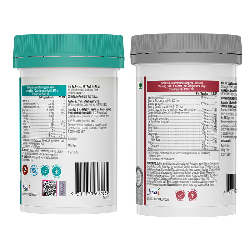 Swisse Fish Oil Omega 3 - 1500mg (40 Tablets) & Biotin+ Tablets (30 Tablets) Combo