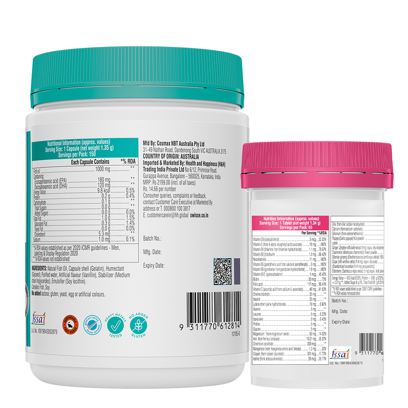 Swisse Fish Oil Omega 3 - 1000mg (150 Tablets) & Multivitamin for Women (60 Tablets) Combo