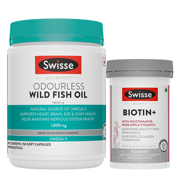 Swisse Fish Oil Omega 3 - 1000mg (150 Tablets) & Biotin+ Tablets (60 Tablets) Combo