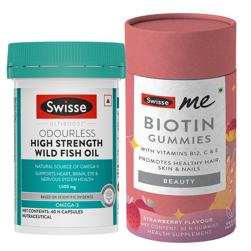 Swisse Fish Oil Omega 3 - 1500mg (40 Capsules) & Biotin Gummies(30 Gummies) Combo