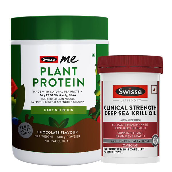 Swisse Plant Protein Powder & Superba boost Clinical Strength Deep Sea Krill Oil - 1000mg (30 Capsules) Combo