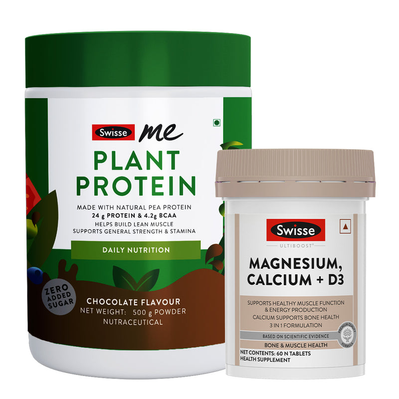 Swisse Plant Protein Powder & Magnesium, Calcium + D3 (60 Tab) Combo
