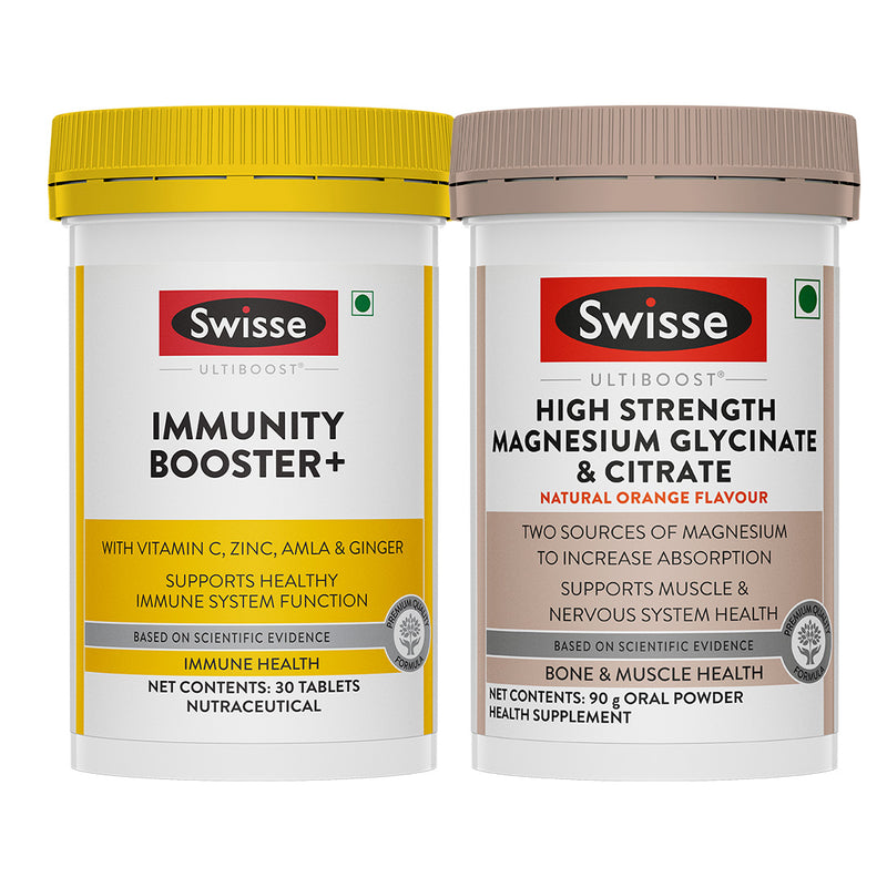 Swisse Ultiboost Immunity Booster+(30 Tablets) & High Strength Magnesium Glycinate & Citrate Powder Combo