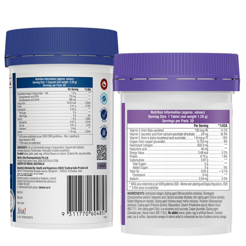 Swisse 4X Fish Oil Omega 3 (60 Tablets) & Swisse Collagen+ Hyaluronic Acid Combo