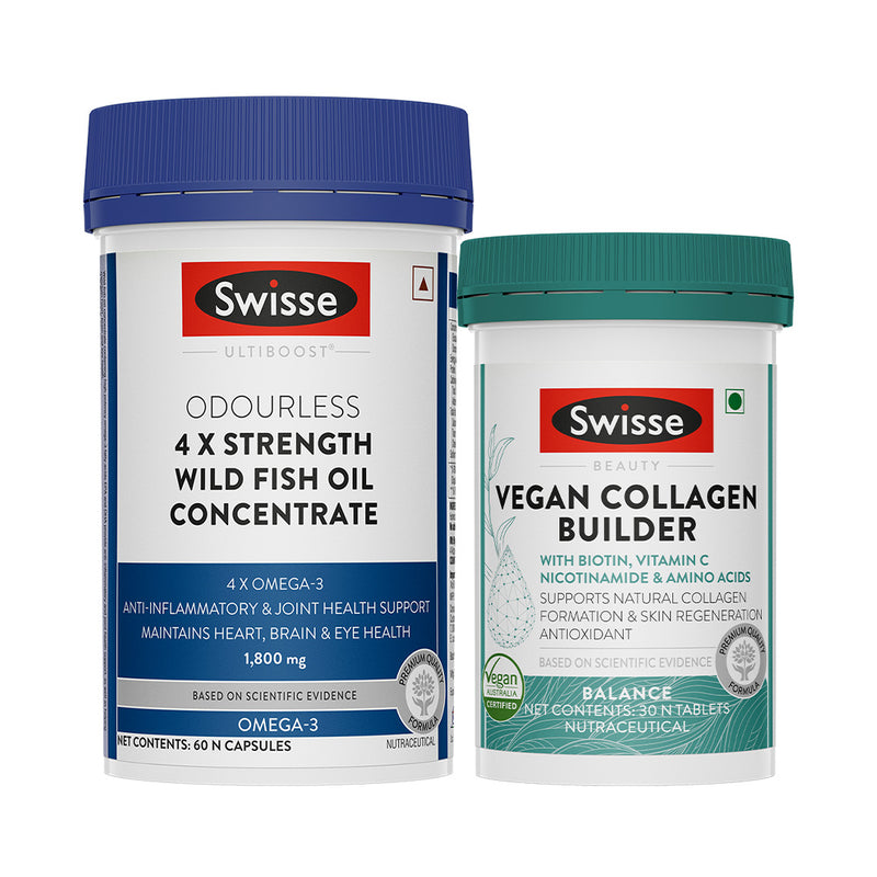 Swisse 4X Fish Oil Omega 3 (60 Tablets) & Swisse Vegan Collagen Builder Combo