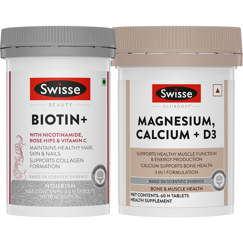 Swisse Biotin+ Biotin Tablets (60 Tablets) & Swisse Magnesium, Calcium & Vitamin D (60 Tablets) Combo