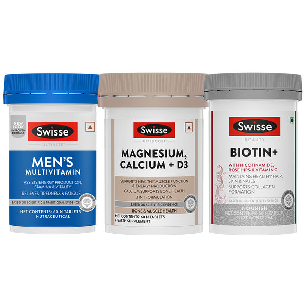Swisse Multivitamin For Men (60 Tablets), Swisse Magnesium, Calcium + Vitamin D3 (60 Tablets) & Swisse Biotin+ Biotin Tablets (60 Tablets) Combo