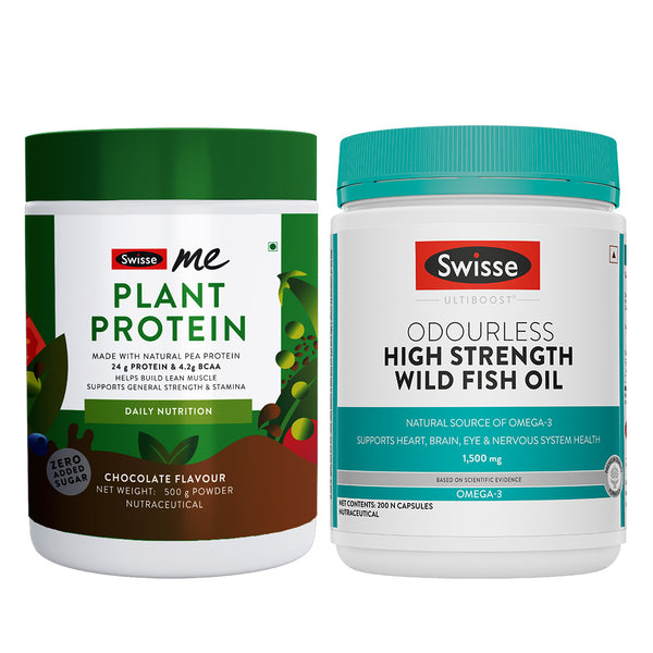 Swisse Plant Protein Powder & Fish Oil Omega-3 1500 mg (200 Tab) Combo