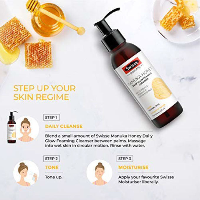 Swisse Skincare Manuka Honey Daily Glow Foaming Cleanser Face Wash for Glowing Skin with Vitamin C and Papaya Enzymes - 120 ml (Normal Skin) (6625413365945)